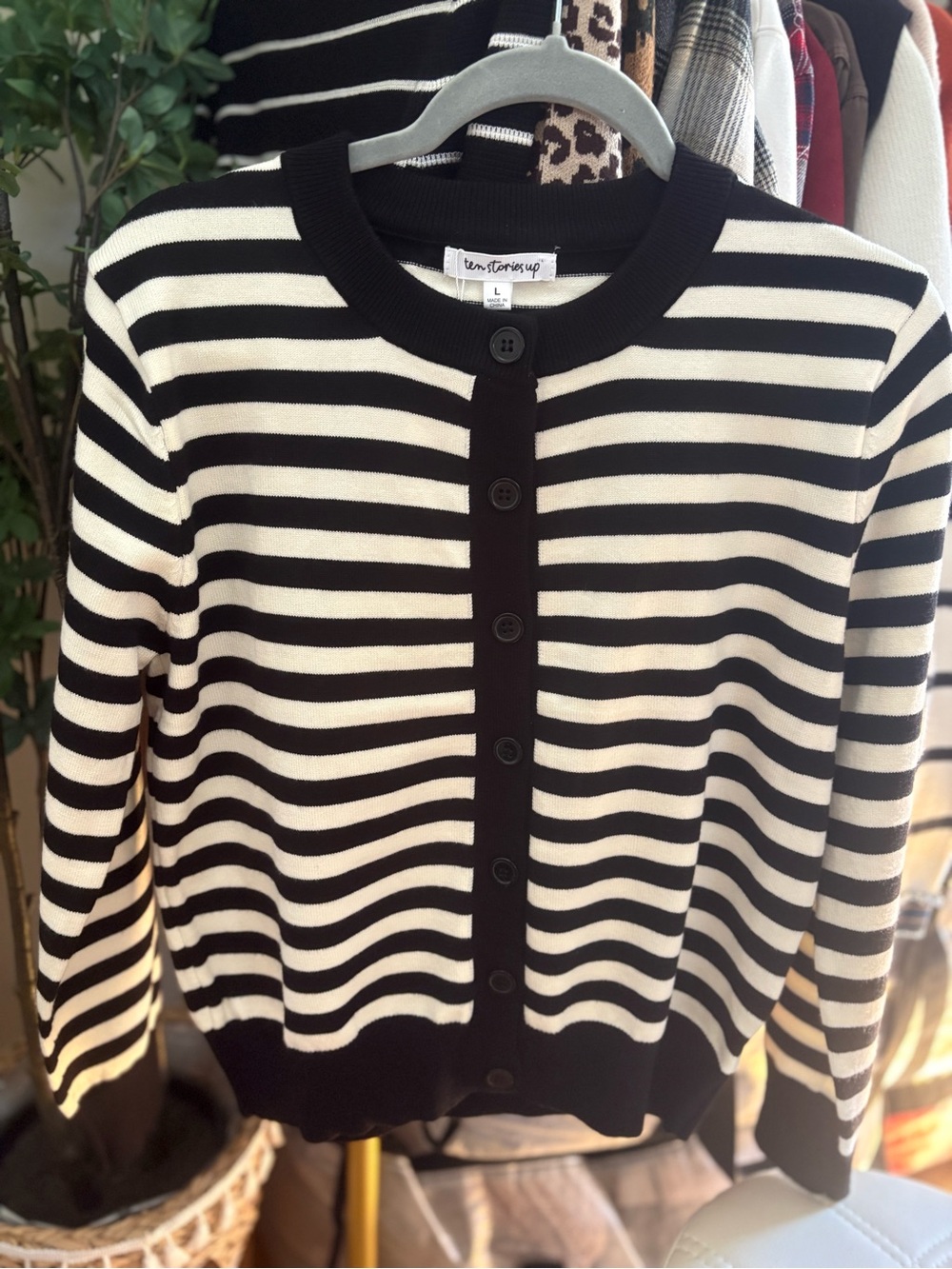 Ten Stories Up Striped Black and Cream Button-Up Cardigan Sweater